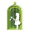 Little girl kid with flower bouquet locked in golden cage