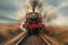 Red Steam Locomotive In Motion With The Background Blurred Emphasize Its Speed