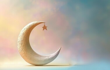 Wall Mural - Minimalist Design of Crescent Moon and Star Sculpture with Soft Pink Gradient Background