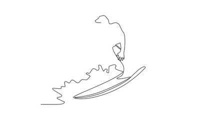 Wall Mural - Animated self drawing of a man is playing surfing in the sea enjoying summer vacation video illustration. Surfing activity design illustration simple linear style video design concept.