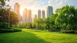 Fototapeta  - Sunny City Park with Captivating Skylines, To provide a peaceful and calming image that showcases the perfect blend of urban and natural elements,