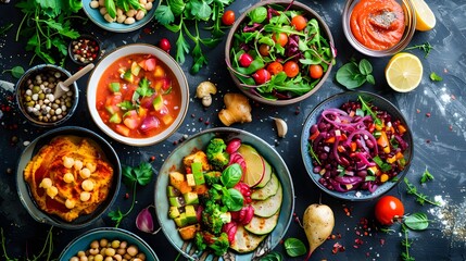 Wall Mural - Vibrant Hues of Vegan Dishes in Bowls, To showcase the variety and vibrant colors of vegan dishes in bowls, emphasizing the healthy and appetizing