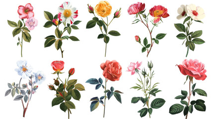 Wall Mural - A collection of flowers. Sketches of blossoms with stalks and leaves. transparent, isolated set of different florets. A bush of wild roses. A spring yellow bloom twig. Watercolor painting. PNG File