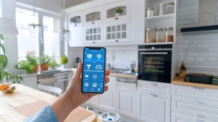 Futuristic Smart Home Kitchen Controlled by App, To showcase the integration of smart home technology in a kitchen setting, emphasizing the