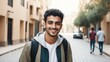Portrait of a confident arab young male university college student in the middle of city street smiling looking at camera from Generative AI