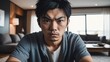 Angry frustrated japanese young male man staring at the camera on a living room home background 9 from Generative AI