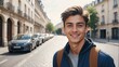 Portrait of a confident french young male university college student in the middle of city street smiling looking at camera from Generative AI