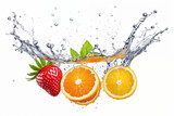 Fototapeta Łazienka - Strawberries and oranges falling into water. Generative Ai