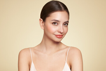 Wall Mural - portrait beautiful young woman with clean fresh skin. model with healthy skin, close up portrait. co