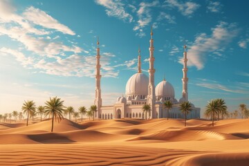 Wall Mural - A desert landscape with a large white mosque building in the background