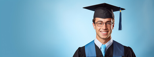 Wall Mural - A happy man wearing a graduation cap and gown, representing a university student or alumni celebrating education success. Ai generative illustration