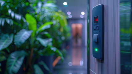 Close up of Finger print scan access control system machine on wall near entrance door office.