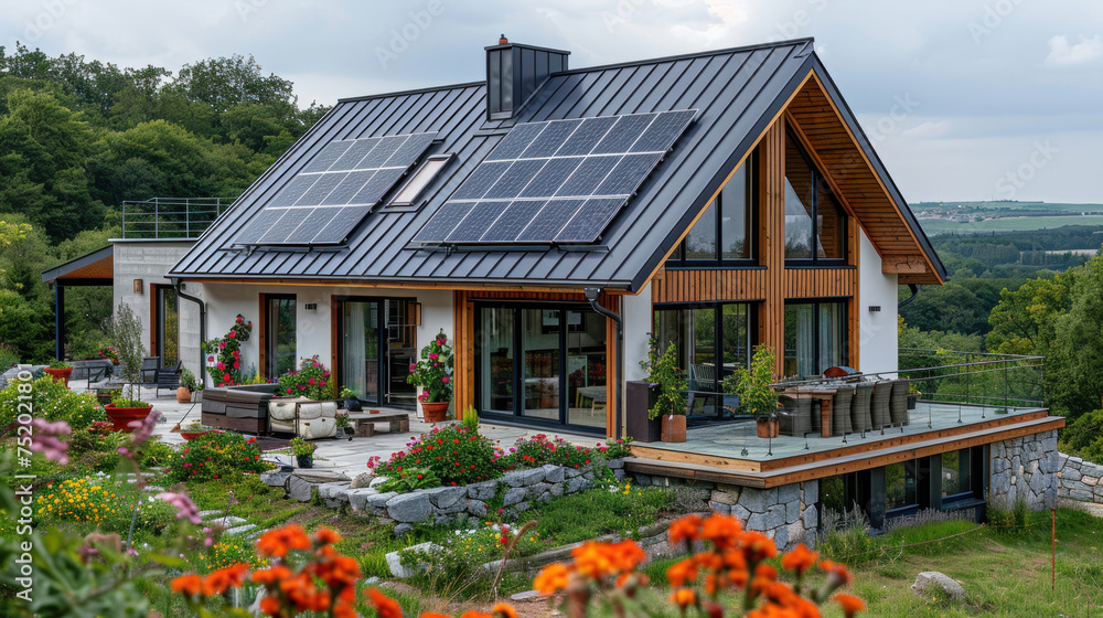 Stock-Foto „Solar panels on the gable roof, New modern eco friendly ...