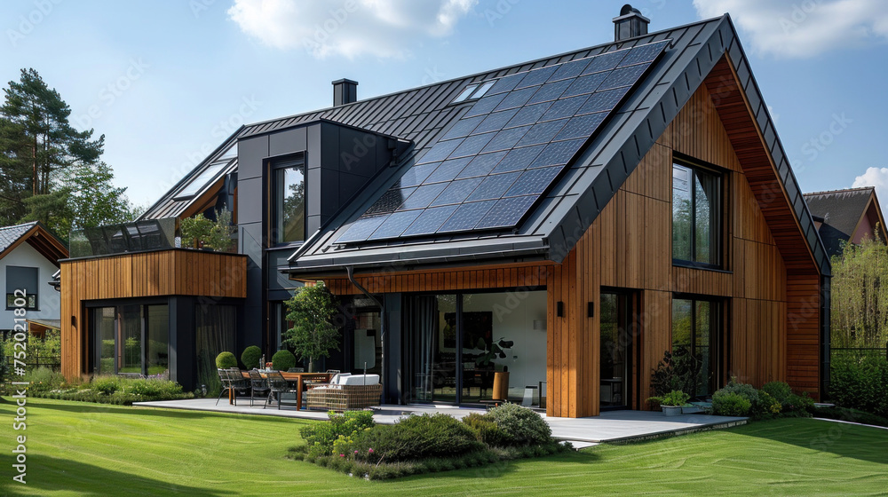 Solar panels on the gable roof, New modern eco friendly passive house ...