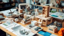 A closeup of a designers desk cluttered with various prototypes and mockups of different product ideas showcasing the creative process of prototyping.