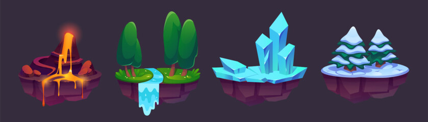 Wall Mural - floating land islands for game level map ui design. cartoon vector illustration set of flying platfo
