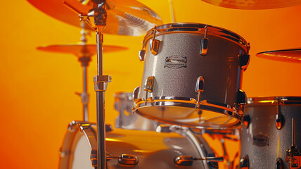 Wall Mural - A sleek silver drum set against a dynamic orange backdrop, its drums and cymbals poised for energetic beats that drive the rhythm of the music forward with intensity and vitality.