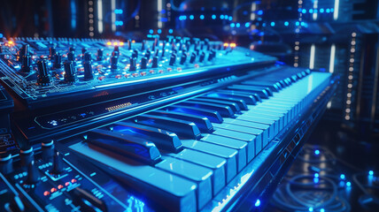 Wall Mural - A vibrant blue electric keyboard against a futuristic silver backdrop, its keys glowing with illuminated symbols, ready to produce futuristic and experimental sounds.