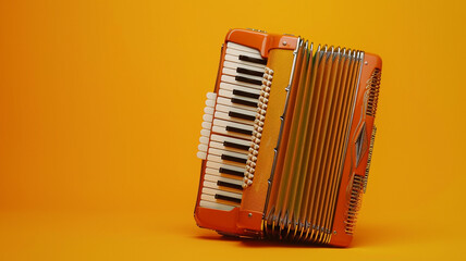 Wall Mural - A vibrant orange accordion set against a bold yellow background, its bellows ready to expand and contract, filling the air with lively and spirited folk tunes.