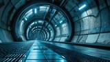 Fototapeta Perspektywa 3d - Futuristic tunnel with metallic walls and blue lighting, conveying a modern or sci-fi theme.