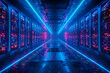 Blue Neon Lights in Server Room Data Center