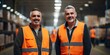 Middle-aged male workers in orange vests striking a positive pose in warehouse. Concept Middle-aged workers, Orange vests, Positive pose, Warehouse setting, Industrial work