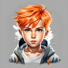 Wall Mural - Orange Harmony: Watercolor Portraits of a Cute Boy Character with Orange Hair Displaying Various Emotions(Generative AI)