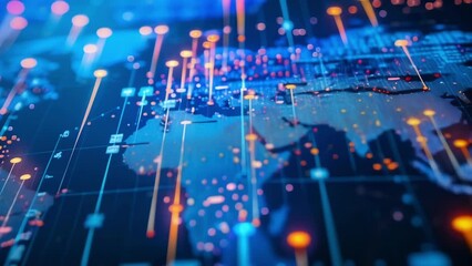 Wall Mural - An upclose image of a digital map displaying the supply chain and distribution network for a certain product with colorcoded indicators showing the carbon footprint of each