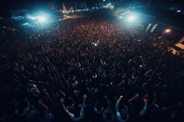 Wall Mural - Top view of Crowd of people watching concert, Crowd in open air concert at night with lighting effects, Ai generated