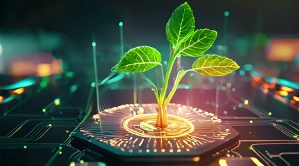	
Glowing plant growing on computer chip representing digital ecology business and blurred background