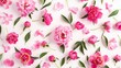 Flower pattern of pink peony flowers, branches, leaves and petals on white background. Flat lay, top view. Peony flower texture,generative ai,