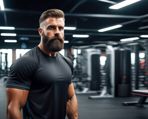 Athletic man fitness trainer on gym background