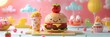 Burger with cute face on special board, cartoonish pastel world around. Happy burger surrounded by giggling drinks and sides under soft, sunny skies.