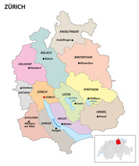 Poster - Administrative district map of Zurich Canton, Switzerland