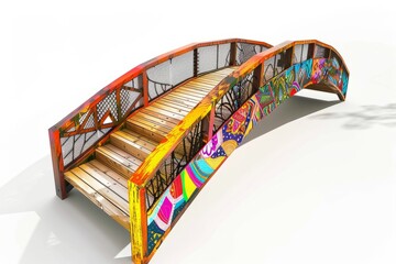 Wall Mural - Urban pedestrian bridge adorned with colorful artwork, on isolated white background, Generative AI