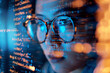 An abstract background featuring a software engineer working on a computer, with a line of code reflecting in their glasses and elements of big data visible on the screen.