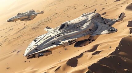 futuristic spaceship landed on a barren desert planet. sci-fi vehicle exploration. adventure in spac
