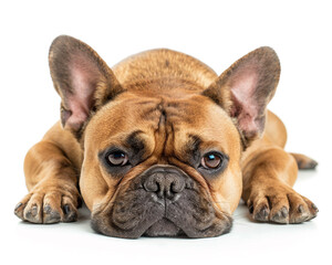  French buldog laying, head portrait, fron view isolated on white background