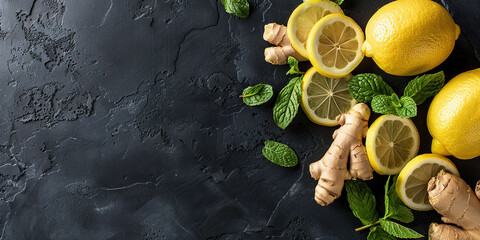 Fresh ginger, lemon and mint on a dark background. Top view.