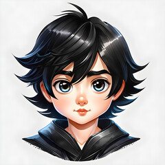 Wall Mural - Ebony Expressions: Watercolor Portraits of a Cute Boy Character with Black Hair Displaying Various Emotions(Generative AI)