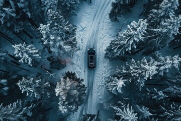 Canvas Print - A car driving through a snowy forest. Suitable for travel and winter themes