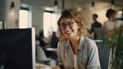 Sticker - A woman sitting at a desk in front of a computer. Suitable for business and office concepts