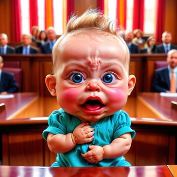 Crying upset childish baby in courtroom, as defendant or lawyer