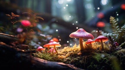 Wall Mural - Group of mushrooms on forest floor, suitable for nature themes