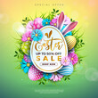 Easter Sale Illustration with Color Painted Egg, Spring Flower and Rabbit Ears on Green Background. Vector Holiday Celebration Design Template for Coupon, Banner, Voucher or Promotional Poster.