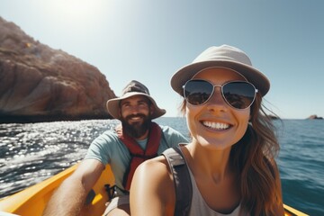 Wall Mural - A couple enjoying a peaceful boat ride. Perfect for travel and leisure concepts