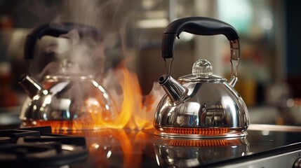 Wall Mural - A tea kettle boiling on a stove with flames in the background. Ideal for kitchen or cooking concepts