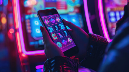 Person using smartphone to play online casino games with colorful slot machine background