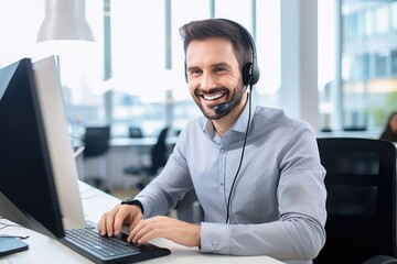 Wall Mural - A man wearing a headset is sitting in front of a computer. Suitable for technology and customer service concepts