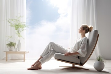 Wall Mural - A woman sitting in a chair in front of a window. Suitable for various lifestyle and home decor concepts